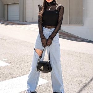 Dazy Solid High Neck Sheer Top